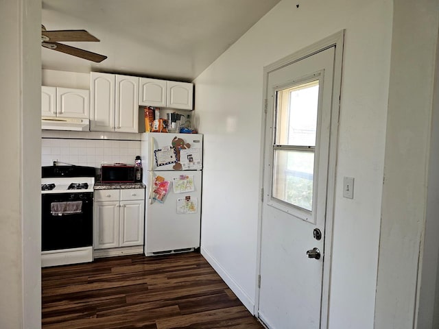 310 Hill Ave, Elgin, IL 60120 - kitchen featuring freestanding refrigerator, gas stove, under cabinet range hood, black microwave, and tasteful backsplash