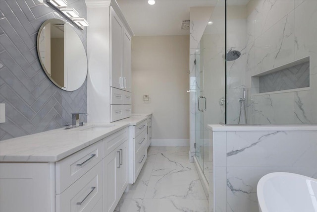 223 Center St, Naperville, IL 60540 - full bath featuring marble finish floors, vanity, a marble finish shower, a soaking tub, and recessed lighting