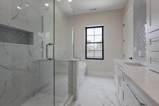 223 Center St, Naperville, IL 60540 - full bath featuring vanity, marble finish flooring, a marble finish shower, and a soaking tub