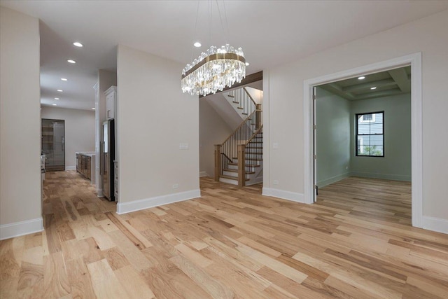 223 Center St, Naperville, IL 60540 - unfurnished dining area featuring light wood-type flooring, recessed lighting, stairs, baseboards, and a chandelier