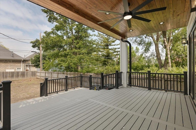 223 Center St, Naperville, IL 60540 - wooden terrace with a ceiling fan and a fenced backyard