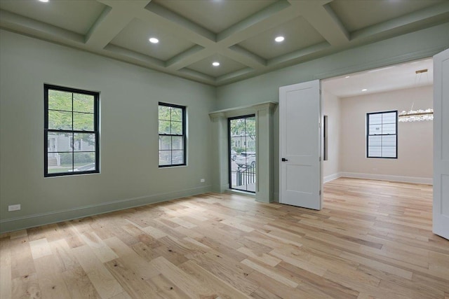 223 Center St, Naperville, IL 60540 - empty room with coffered ceiling, recessed lighting, light wood-style floors, baseboards, and beam ceiling
