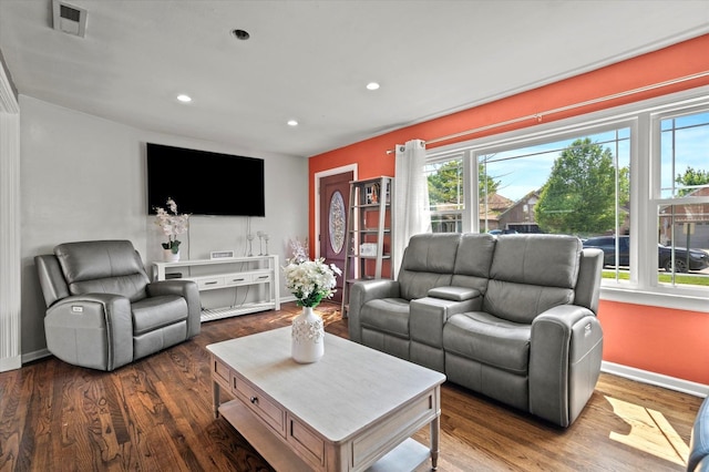 7937 S Lotus Ave, Burbank, IL 60459 - living room featuring baseboards, dark wood-type flooring, and recessed lighting