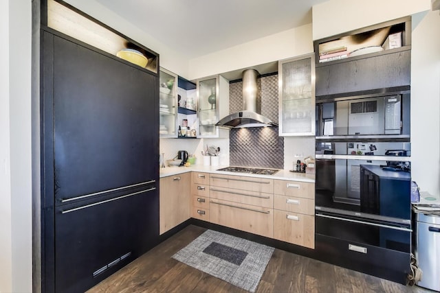 1211 S Prairie Ave Unit 1106, Chicago, IL 60605 - kitchen with wall chimney range hood, light brown cabinets, light countertops, dark wood-style floors, and open shelves