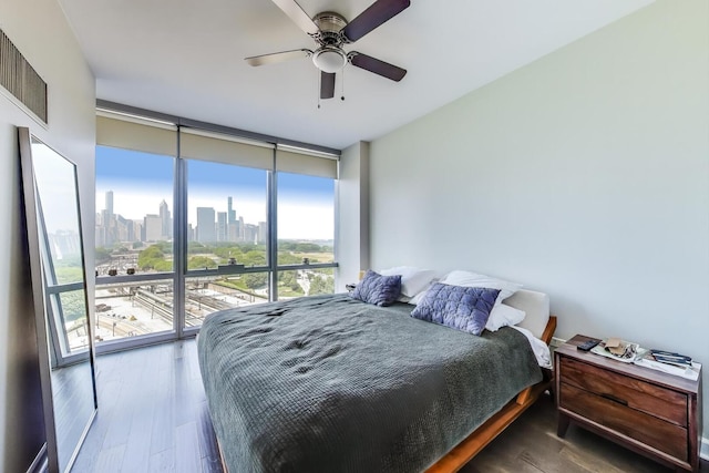 1211 S Prairie Ave Unit 1106, Chicago, IL 60605 - bedroom with expansive windows, a skyline view, wood finished floors, and a ceiling fan