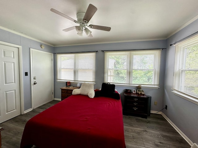 478 Barrett St, Elgin, IL 60120 - bedroom featuring ornamental molding, multiple windows, wood finished floors, a ceiling fan, and baseboards