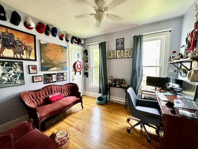 478 Barrett St, Elgin, IL 60120 - office area featuring a ceiling fan, hardwood / wood-style flooring, and baseboards