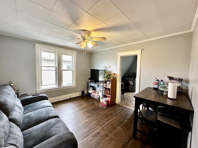 478 Barrett St, Elgin, IL 60120 - living room featuring ornamental molding, dark wood-type flooring, and a ceiling fan