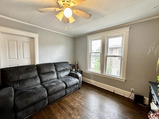 478 Barrett St, Elgin, IL 60120 - living area with wood-type flooring, crown molding, a ceiling fan, and baseboards