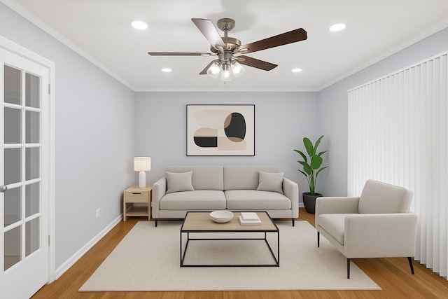 1205 N Irving Ave, Berkeley, IL 60163 - living room with wood finished floors, a ceiling fan, ornamental molding, recessed lighting, and baseboards
