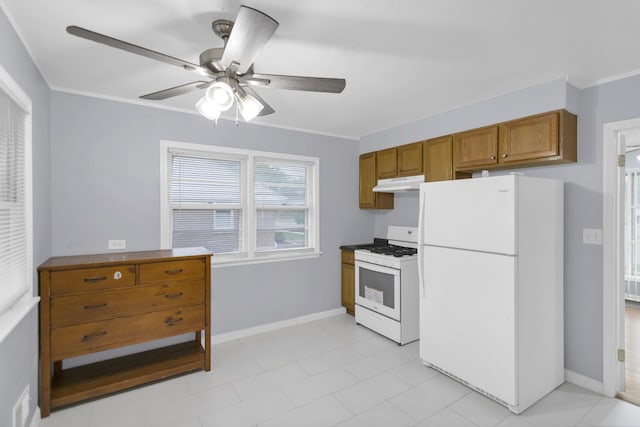 1205 N Irving Ave, Berkeley, IL 60163 - kitchen featuring white appliances, under cabinet range hood, a ceiling fan, brown cabinetry, and ornamental molding