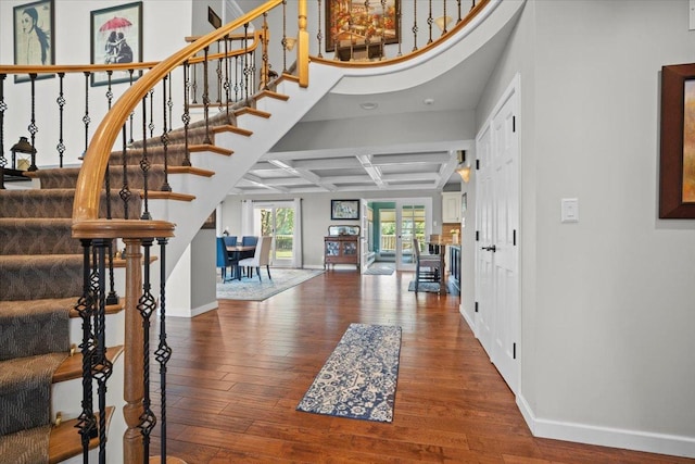 1810 Cardinal Ct, Pontiac, IL 61764 - foyer featuring coffered ceiling, wood finished floors, stairs, and beam ceiling