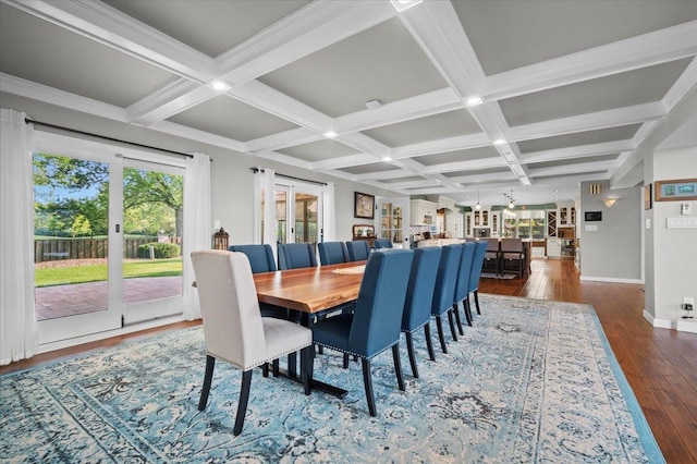 1810 Cardinal Ct, Pontiac, IL 61764 - dining space with coffered ceiling, hardwood / wood-style floors, and beamed ceiling