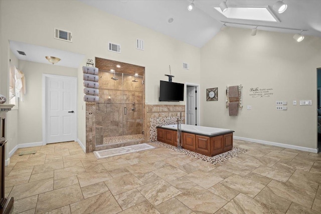 1810 Cardinal Ct, Pontiac, IL 61764 - bathroom featuring high vaulted ceiling, stone tile floors, a shower stall, rail lighting, and vanity