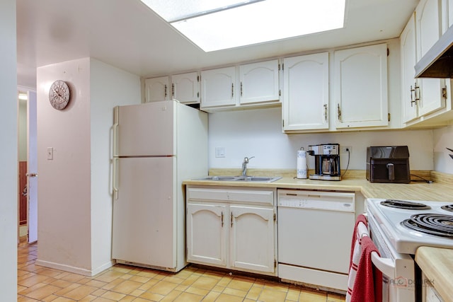 831 Mansfield Ct, Schaumburg, IL 60194 - kitchen with white appliances, range hood, a sink, light countertops, and white cabinetry
