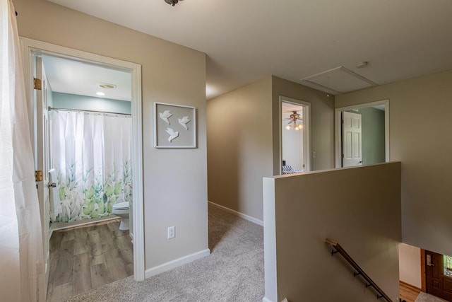 402 Lincoln St, Seatonville, IL 61359 - corridor with an upstairs landing, attic access, and carpet floors