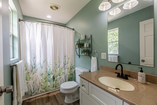 402 Lincoln St, Seatonville, IL 61359 - full bath with vanity, wood finished floors, and a shower with shower curtain