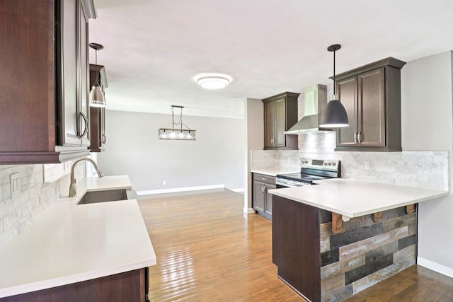 15807 W 139th St, Homer Glen, IL 60491 - kitchen with wall chimney range hood, electric stove, dark brown cabinets, decorative backsplash, and light countertops