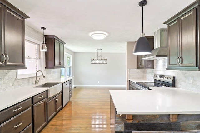 15807 W 139th St, Homer Glen, IL 60491 - kitchen with wall chimney exhaust hood, appliances with stainless steel finishes, dark brown cabinets, decorative backsplash, and light countertops