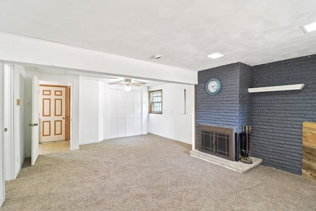 15807 W 139th St, Homer Glen, IL 60491 - unfurnished living room featuring a brick fireplace, carpet, and a ceiling fan