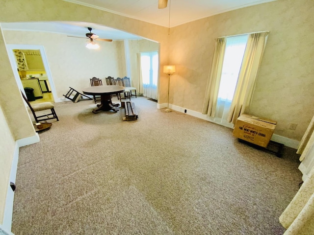 157 Prairie St, Ottawa, IL 61350 - dining area with ceiling fan, ornamental molding, carpet floors, and baseboards