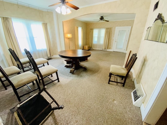 157 Prairie St, Ottawa, IL 61350 - sitting room with ceiling fan, carpet flooring, crown molding, baseboards, and arched walkways