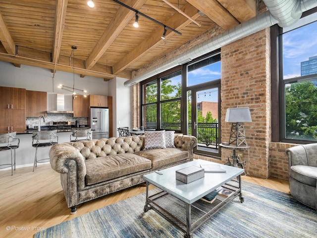 1040 W Adams St Unit 238, Chicago, IL 60607 - living area featuring track lighting, plenty of natural light, light wood-type flooring, and wood ceiling with exposed beams