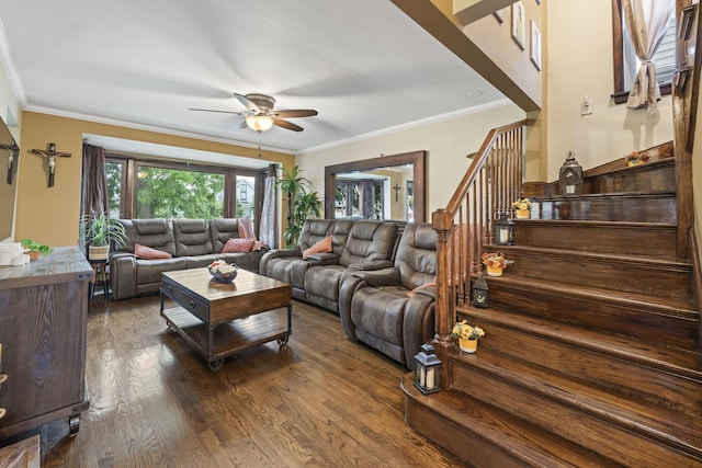 5520 S Kildare Ave, Chicago, IL 60629 - living room featuring ceiling fan, stairway, crown molding, and dark wood-type flooring