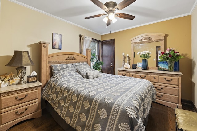5520 S Kildare Ave, Chicago, IL 60629 - bedroom with dark wood-style flooring, ornamental molding, and ceiling fan