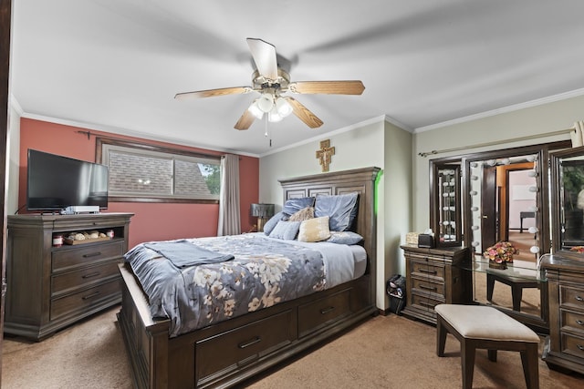 5520 S Kildare Ave, Chicago, IL 60629 - bedroom with light carpet, crown molding, access to exterior, and a ceiling fan