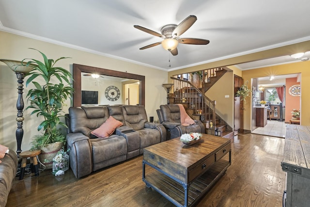 5520 S Kildare Ave, Chicago, IL 60629 - living area featuring ceiling fan, stairs, wood finished floors, and crown molding