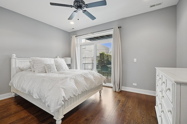 3740 N Kenmore Ave Unit 2, Chicago, IL 60613 - bedroom featuring access to outside, baseboards, dark wood-style floors, a ceiling fan, and recessed lighting