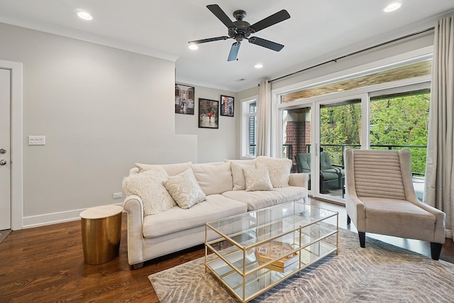 3740 N Kenmore Ave Unit 2, Chicago, IL 60613 - living room with a ceiling fan, wood finished floors, recessed lighting, ornamental molding, and baseboards