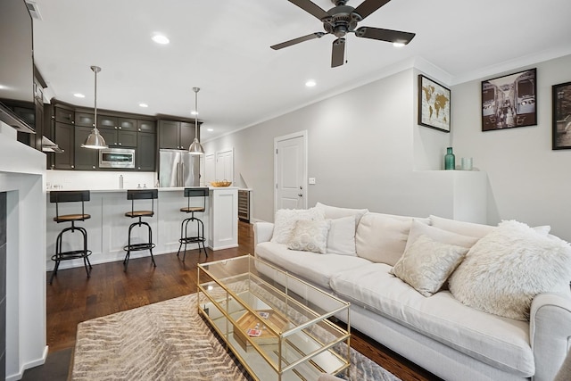 3740 N Kenmore Ave Unit 2, Chicago, IL 60613 - living area with crown molding, ceiling fan, recessed lighting, and dark wood-type flooring