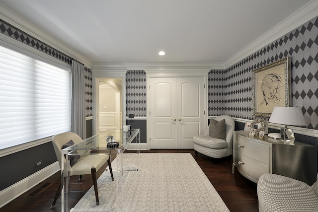 1877 Banbury Rd, Inverness, IL 60067 - office featuring ornamental molding, plenty of natural light, dark wood-style floors, and wallpapered walls