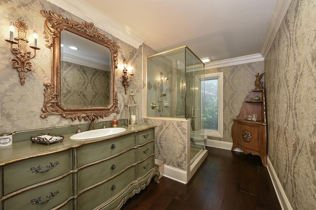 1877 Banbury Rd, Inverness, IL 60067 - full bathroom with vanity, ornamental molding, hardwood / wood-style floors, wallpapered walls, and a stall shower