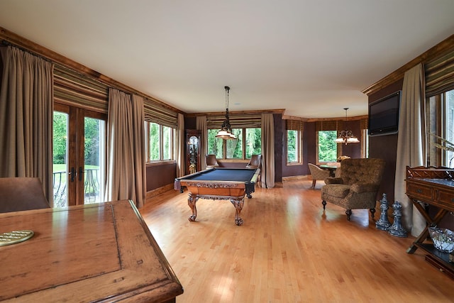 1877 Banbury Rd, Inverness, IL 60067 - game room featuring billiards table, french doors, light wood-style floors, a chandelier, and ornamental molding