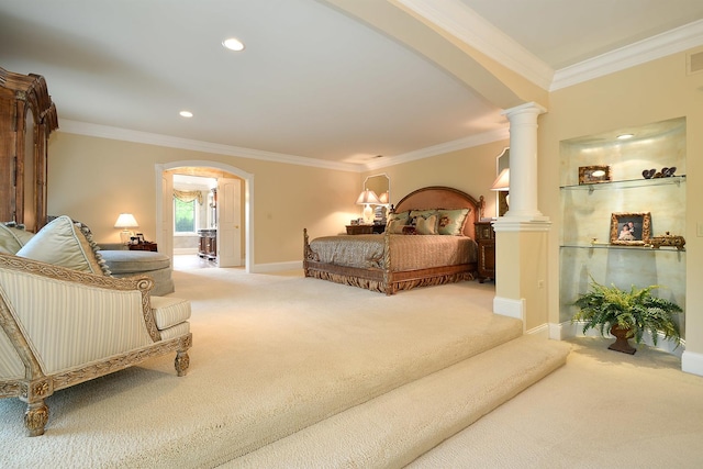 1877 Banbury Rd, Inverness, IL 60067 - carpeted bedroom featuring arched walkways, crown molding, ornate columns, and recessed lighting