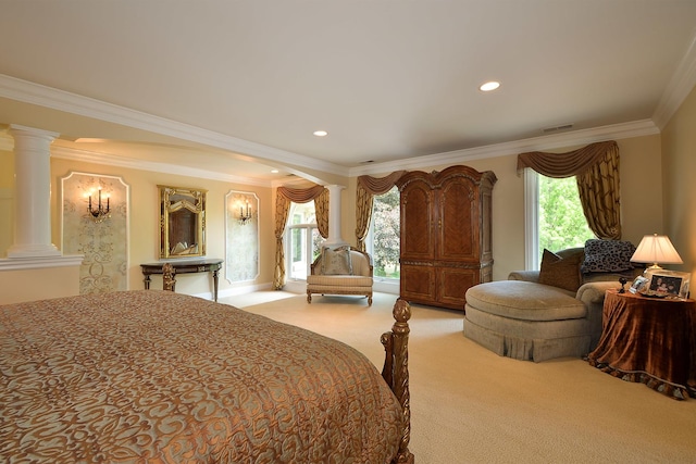 1877 Banbury Rd, Inverness, IL 60067 - bedroom with decorative columns, light carpet, ornamental molding, access to exterior, and multiple windows