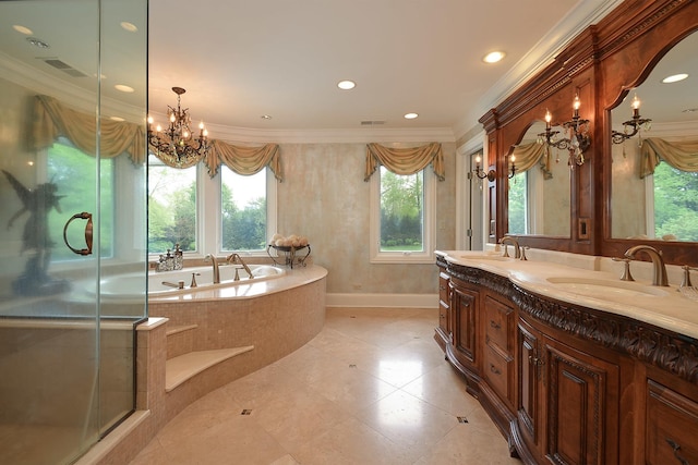 1877 Banbury Rd, Inverness, IL 60067 - full bathroom with a garden tub, double vanity, a shower stall, crown molding, and a chandelier