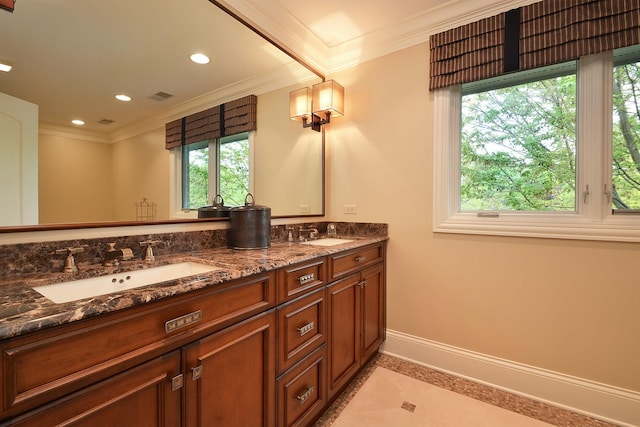 1877 Banbury Rd, Inverness, IL 60067 - bathroom with double vanity, crown molding, recessed lighting, and healthy amount of natural light
