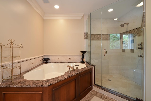 1877 Banbury Rd, Inverness, IL 60067 - full bath featuring a bath, a shower stall, crown molding, recessed lighting, and inlaid floor details