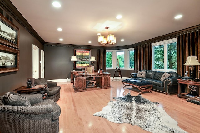 1877 Banbury Rd, Inverness, IL 60067 - living area with crown molding, a chandelier, recessed lighting, and light wood finished floors