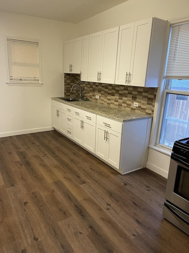 6907 S Cornell Ave, Chicago, IL 60649 - kitchen with stainless steel range, a sink, decorative backsplash, and white cabinetry