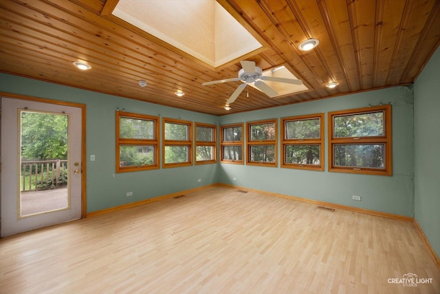 1325 E Lake Ave, Glenview, IL 60025 - unfurnished room with wooden ceiling, a skylight, light wood-type flooring, a ceiling fan, and recessed lighting