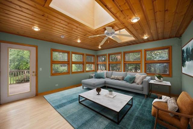 1325 E Lake Ave, Glenview, IL 60025 - living area featuring wooden ceiling, a skylight, light wood-style floors, a ceiling fan, and recessed lighting