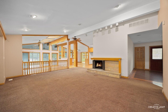 1325 E Lake Ave, Glenview, IL 60025 - unfurnished living room featuring ceiling fan, carpet, and a fireplace