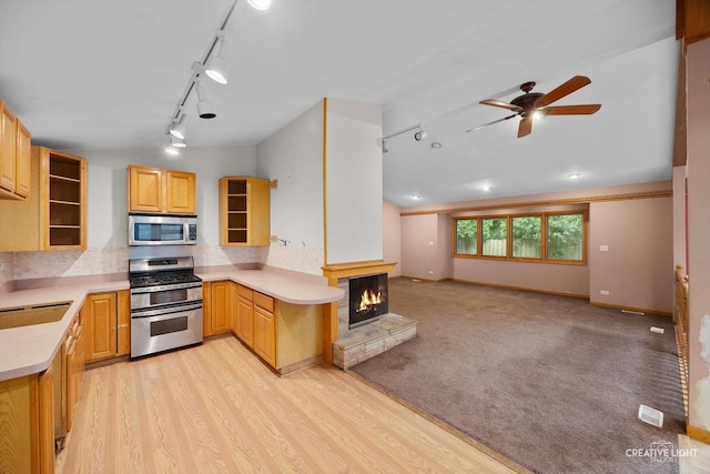 1325 E Lake Ave, Glenview, IL 60025 - kitchen with appliances with stainless steel finishes, ceiling fan, a peninsula, light countertops, and rail lighting