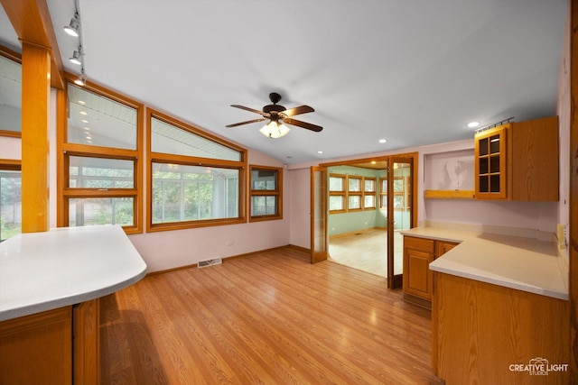 1325 E Lake Ave, Glenview, IL 60025 - unfurnished living room featuring light wood-style flooring, lofted ceiling, ceiling fan, recessed lighting, and rail lighting
