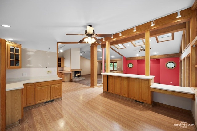 1325 E Lake Ave, Glenview, IL 60025 - kitchen featuring light wood-style floors, a ceiling fan, a lit fireplace, a skylight, and light countertops